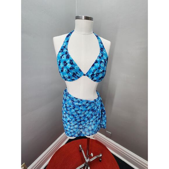 80s Vintage Swim Systems Bikini & Sarong, Blue Daisy - L - Picture 1 of 7